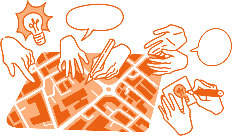 Company profile cover illustration — hands sketching over a city plan
